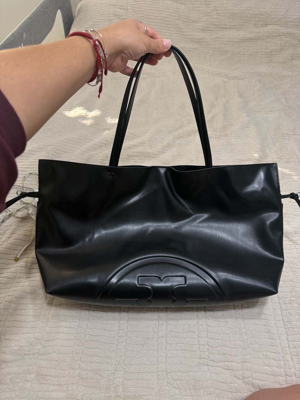 Tory Burch Ella Natuura Drawstring Tote Black Patent Leather